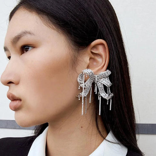 Bowknot Tassel Earrings Statement Jewelry Rhinestone Dangle Earrings Non Piercing