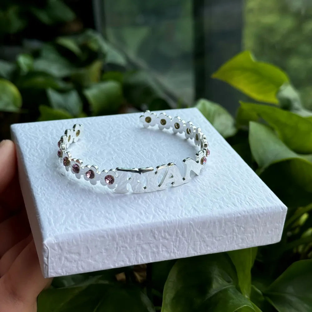 Custom Name Floral Set Birthstone Nameplate Necklace Zircon Bangles Flower Customized Letter Hoop Earrings