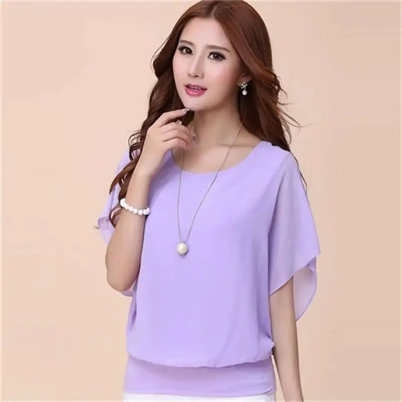 Women Summer Simplicity Loose Solid color Fashion Ruffles  O-neck