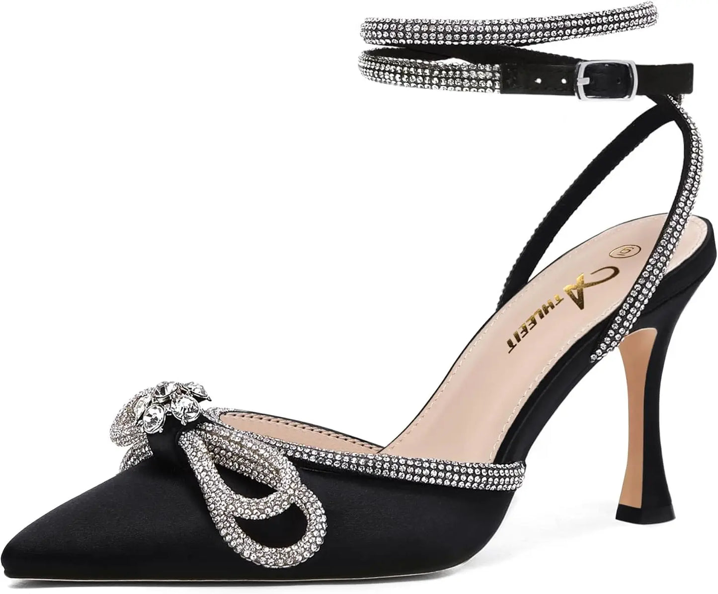 Rhinestone Bow Heels Ankle Strap Pointed Toe Stiletto Heeled Sandals