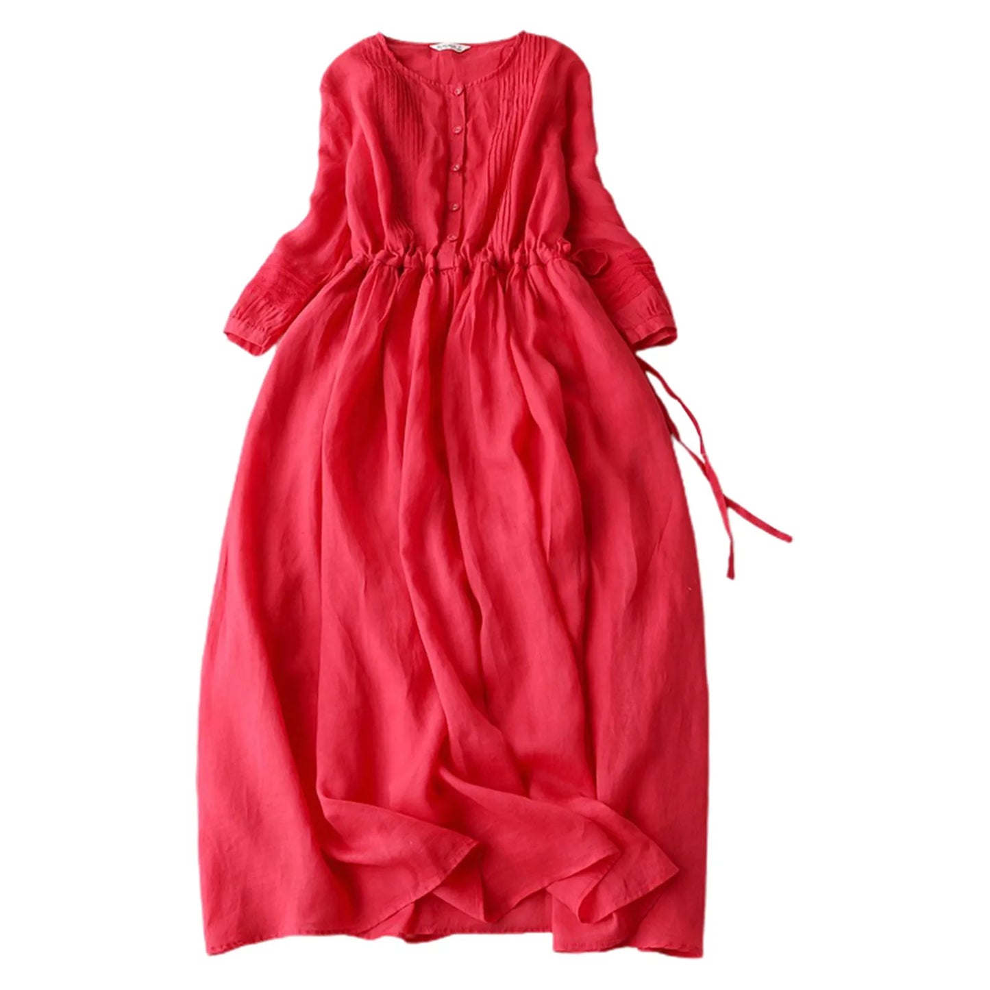Summer Women's Loose Linen Long Dress Elegant Vintage Elastic Tunic Waist Casual Baggy Dress Female Sundress