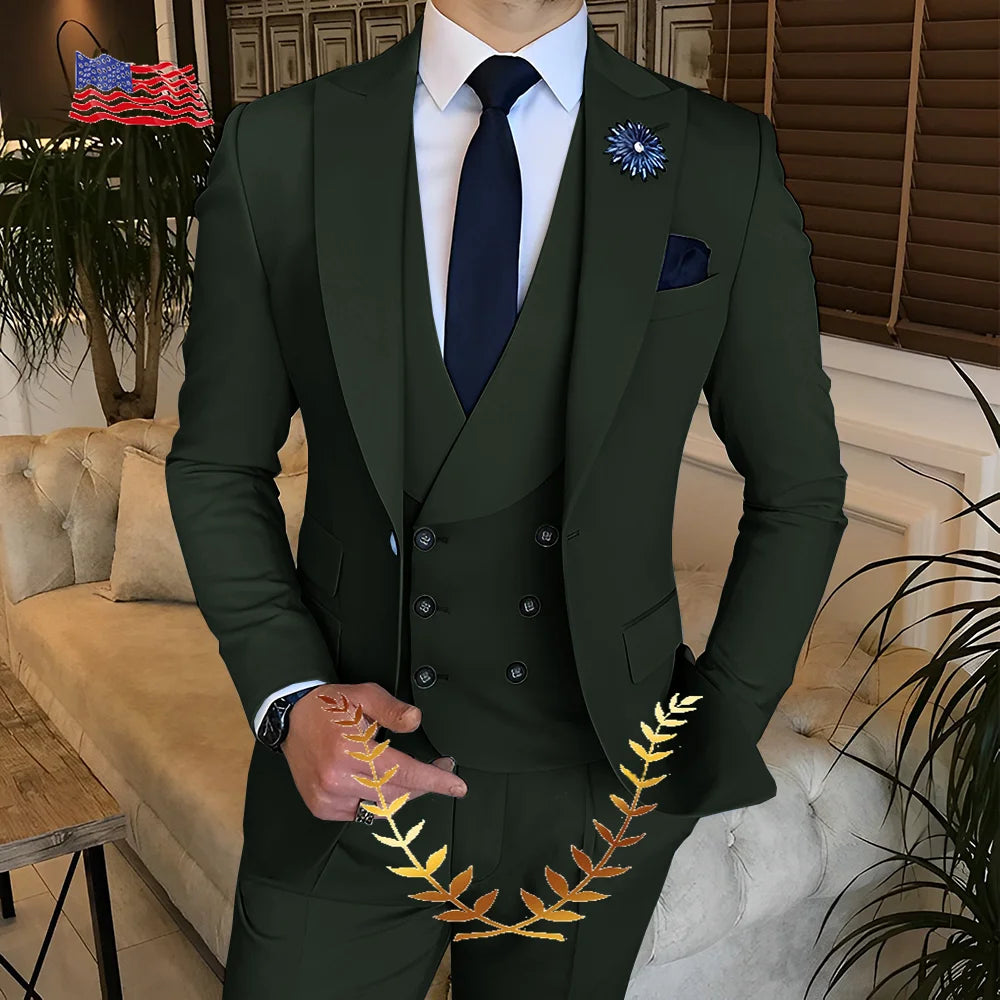 Men's Suit Jacket Pants Vest 3-piece Set Slim Fit Handsome Men Blazer for Party