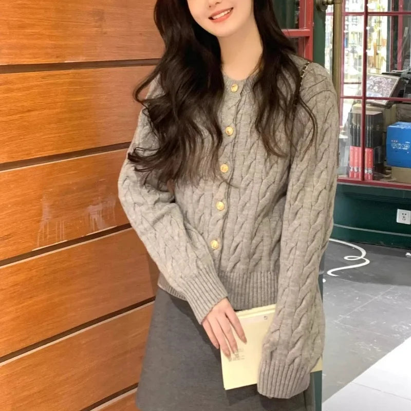 Vintage Long Sleeve Cardigan Women Sweater O-neck Elegant Knitted Top Fashion Autumn Grey Knitwear