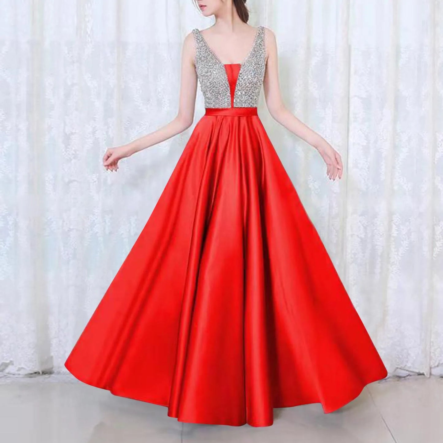 Fashion Sexy V-neck Sequin Evening Dress Women's Elegant Sleeveless High Waist Swing Hem Sparkly Dress Female Prom Dresses