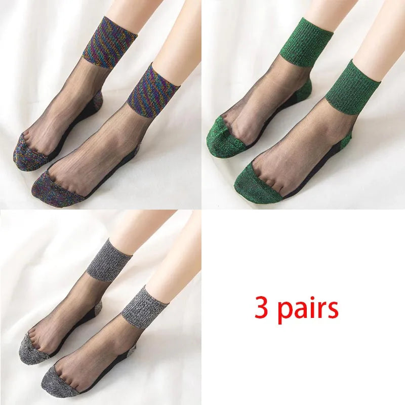 3 Pairs Spring Summer Women's Ultrathin Transparent Socks Glitter Crystal Glass Silk Socks Soft Lace Shiny Elastic Short Socks