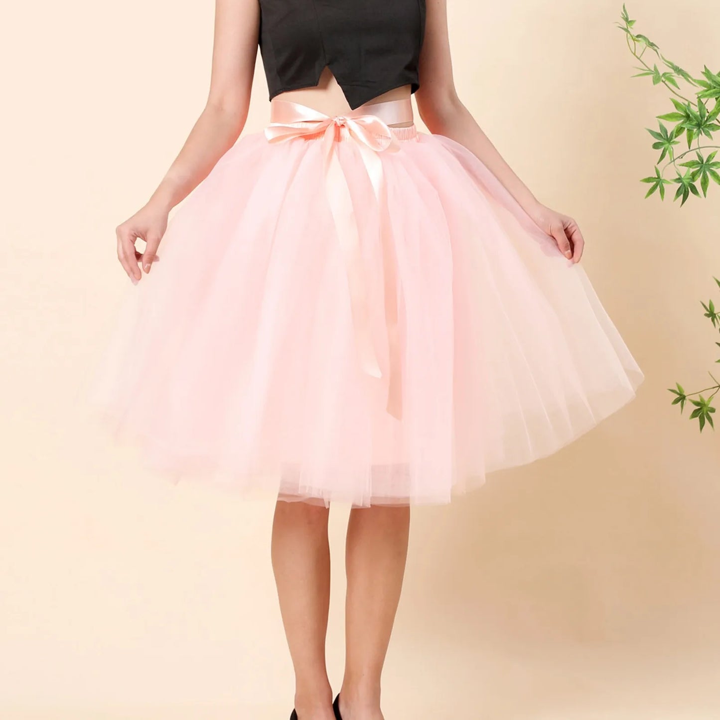 Knee Length Women A-Line Tulle Skirts Lace Up Multi Layered Tulle Petticoat Midi Skirt