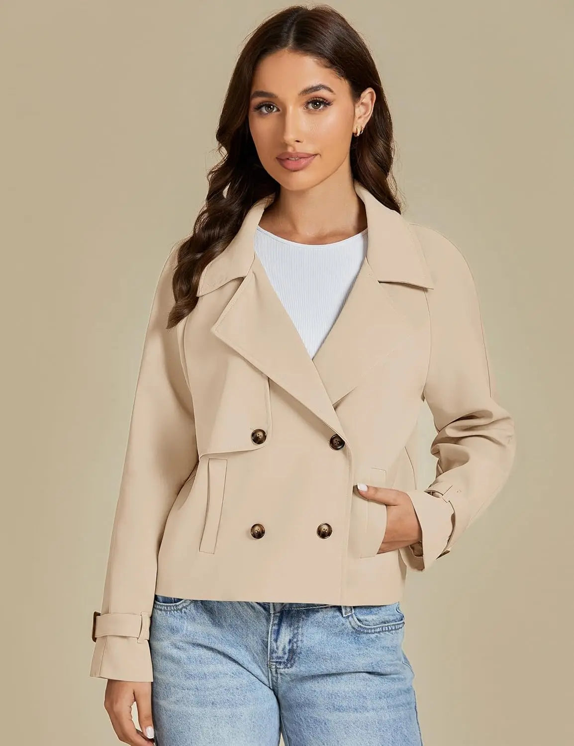 Cropped Trench Coat for Women Long Sleeve Double Breasted Notched Lapel Casual Loose Fit Jackets with Pockets