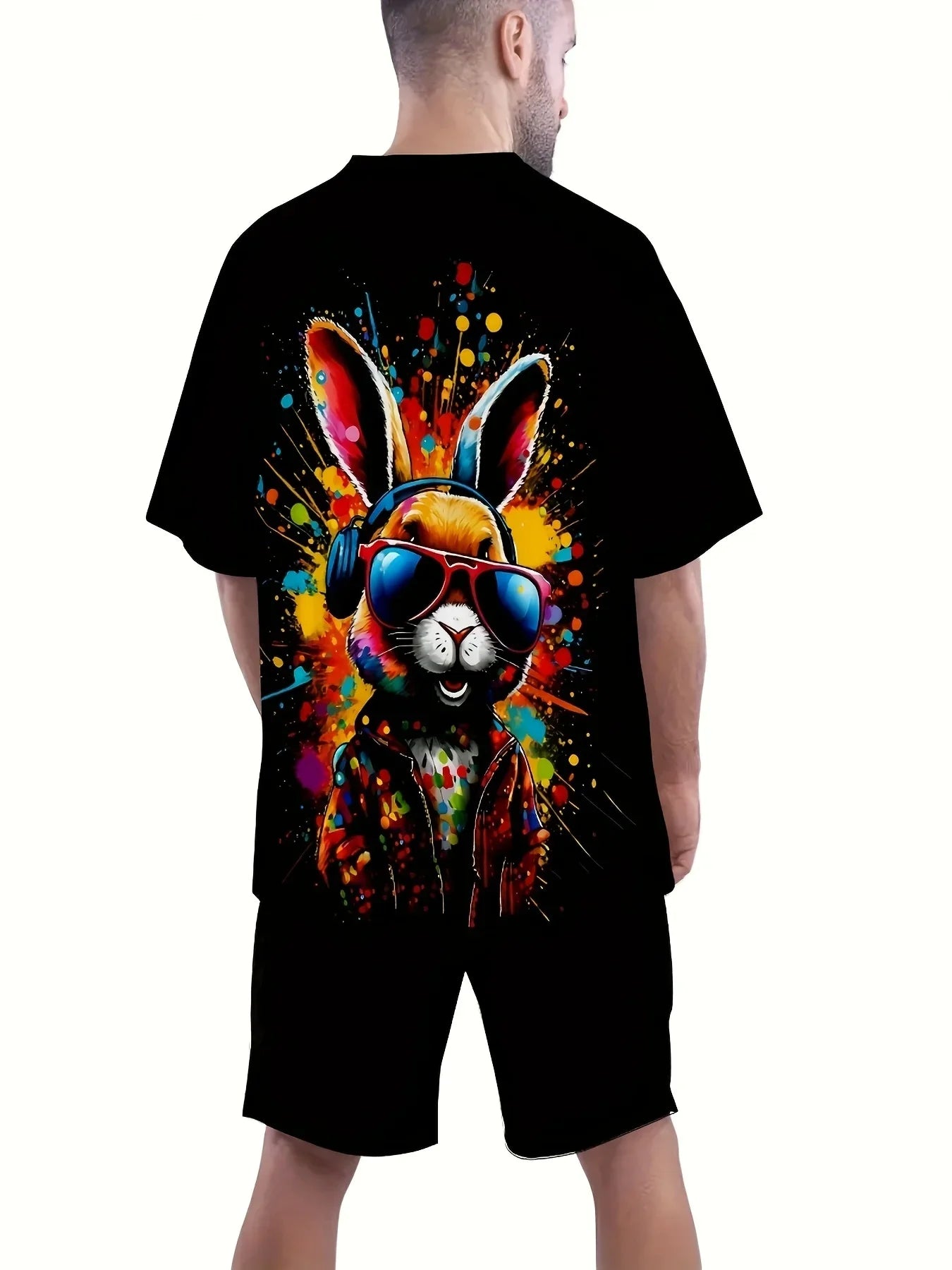 Men's Summer Casual Sports Suit 3D Cool Headphones Rabbit Print Crew Neck T-Shirt and Shorts