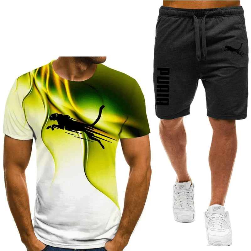 Two piece animal pattern printed men's suit summer casual daily men's short sleeved T-shirt outdoor street men's sports shorts
