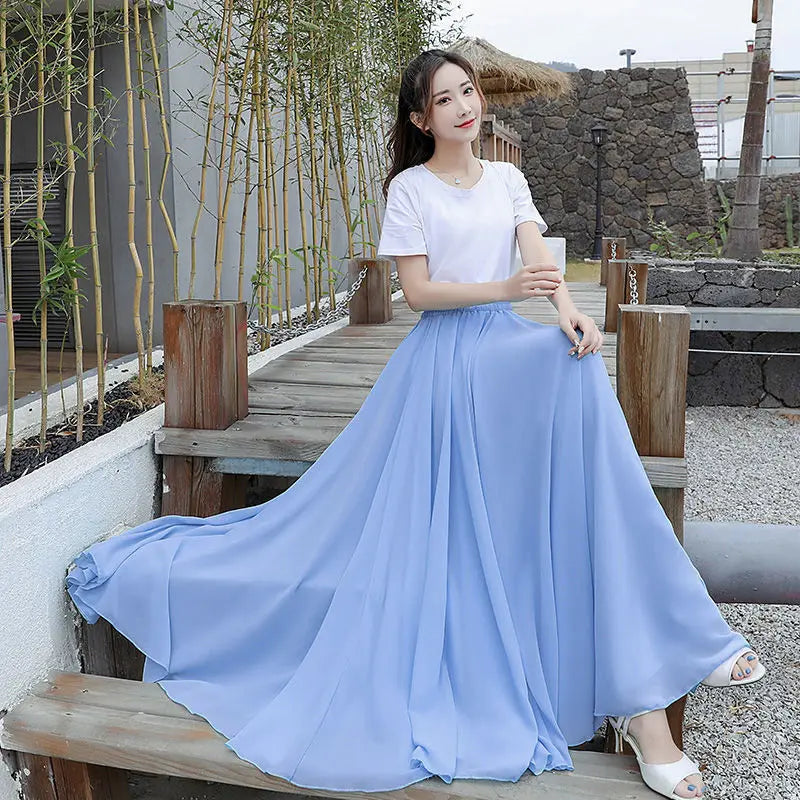 Pleated High Waist Chiffon Long Skirt