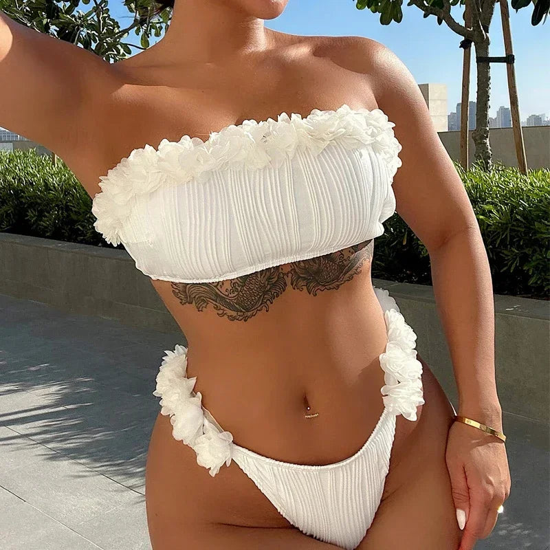 Lace Ruffle Swimsuit Women  Strapless Backless Bikini Set White High Waist Swimwear