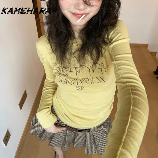 Retro Long Sleeve Spring  Lemon Yellow Round Neck Letter T-shirt