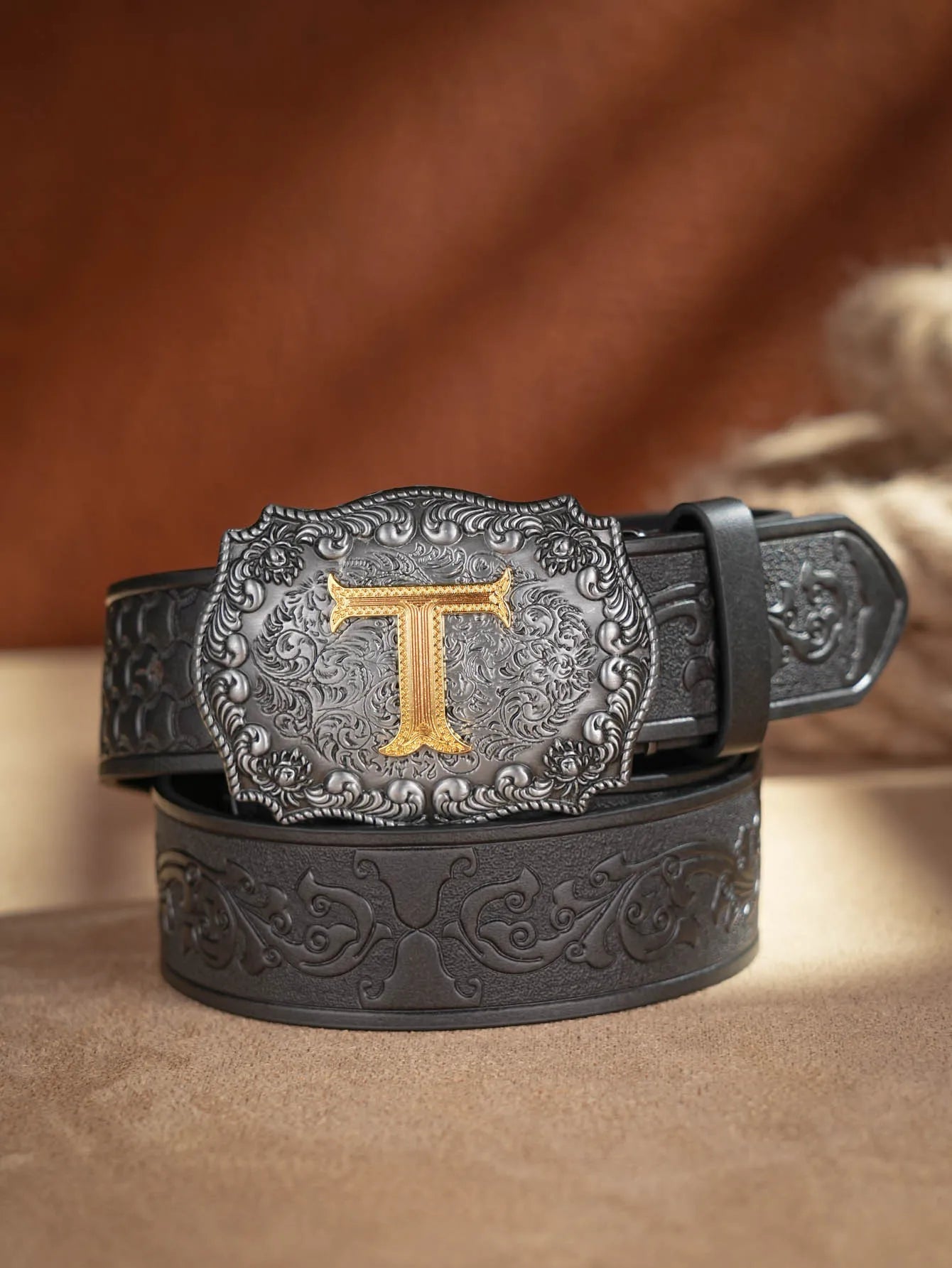 Western Cowboy PU Leather Belt  Waist Strap Bull Decoration Floral Engraved for Jeans