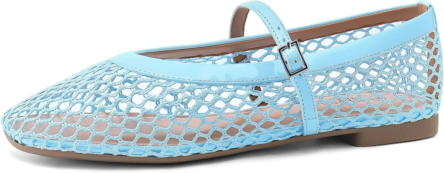 Mesh Ballet Flats for Women Comfortable Square Toe Ballerina Flats Buckle Strap Casual Fishnet Flat Shoes