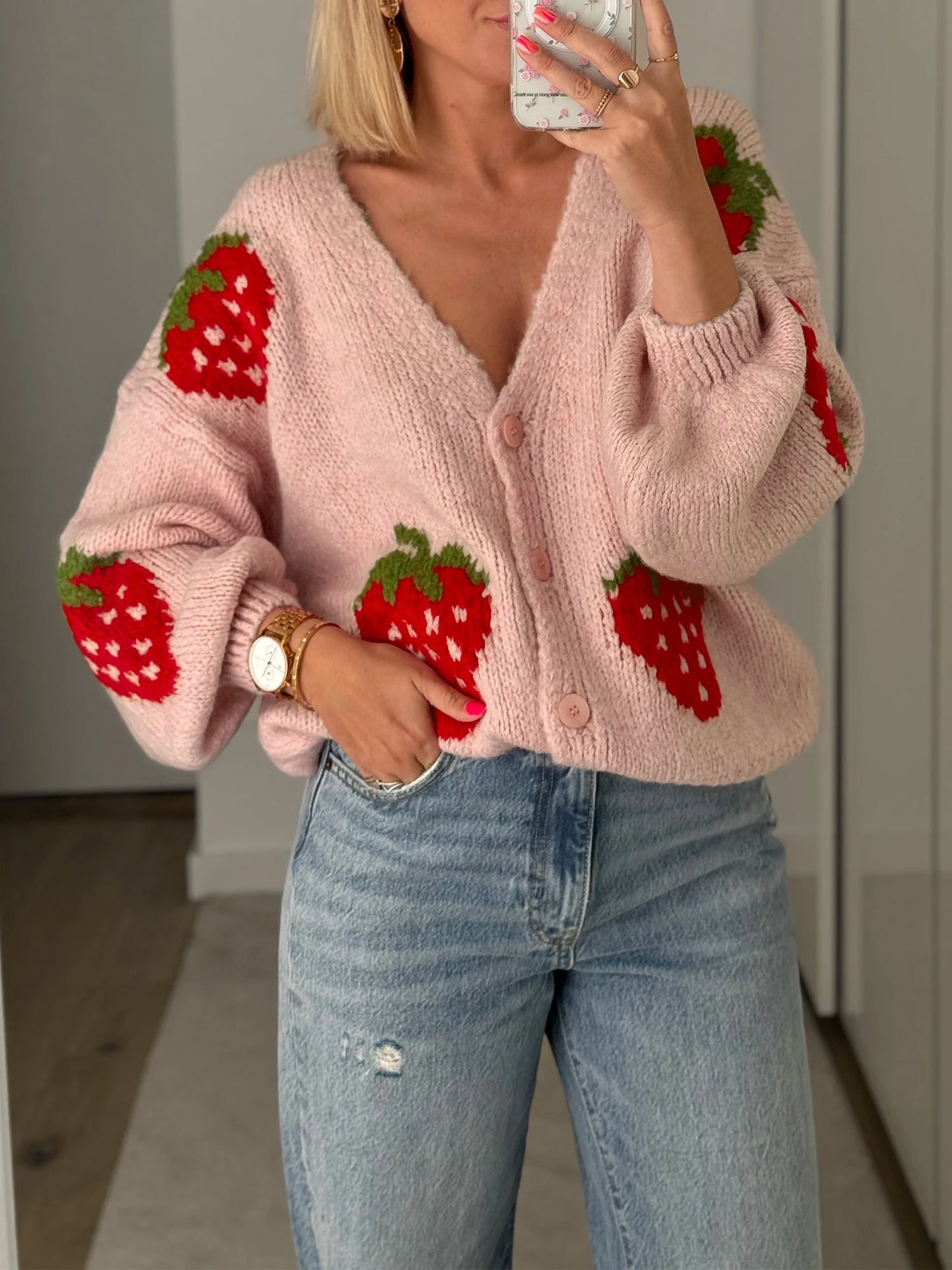 Women s Long Sleeve Knit Cardigan with Cherry Button Closure Cozy Fall Casual Jacket Sweater