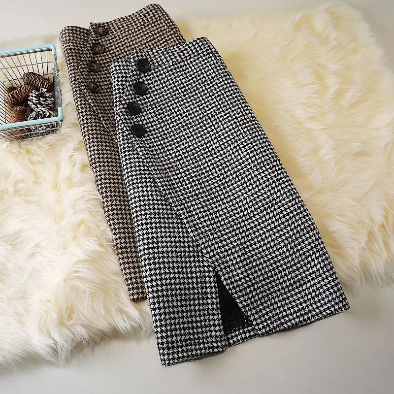 Woolen Skirt High Waist Package Hip Skirt Houndstooth Plaid Long