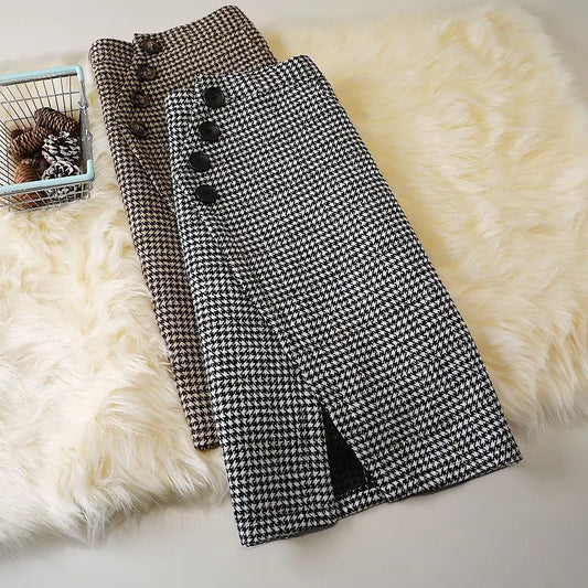 Woolen Skirt High Waist Package Hip Skirt Houndstooth Plaid Long