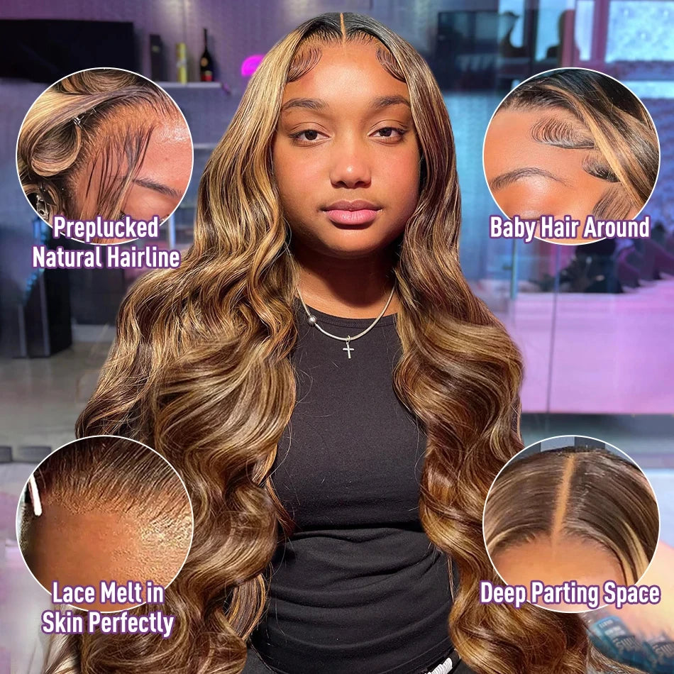 13x6 Hd Transparent Body Wave Lace Front Wig Colored Highlight Human Hair Wigs  4/27 Blonde