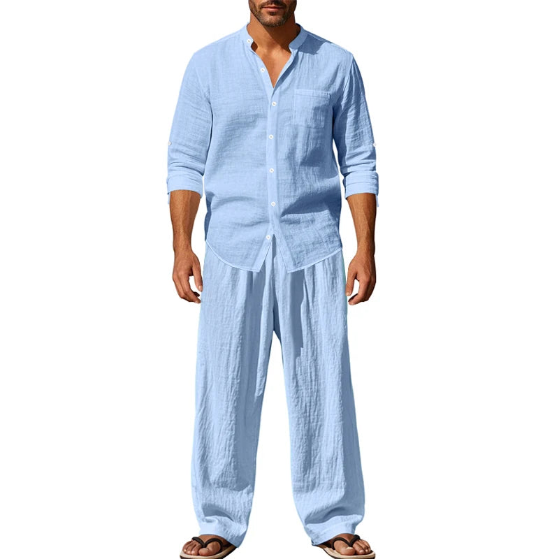 Spring/Summer New Men's Linen Casual Loose Breathable Long Sleeve Pants Shirt Beach Set