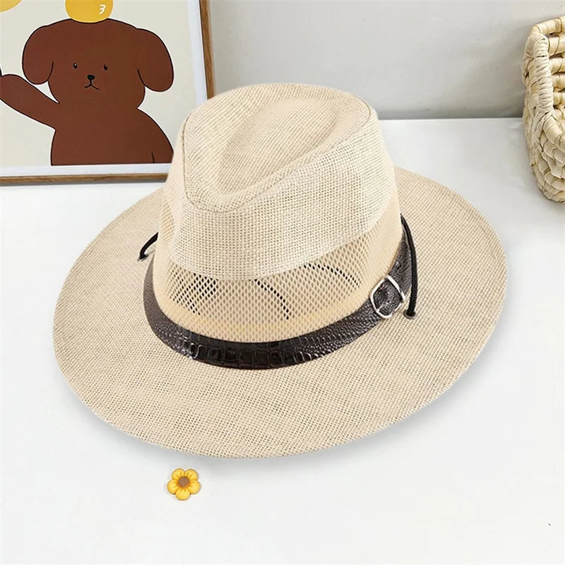 Stylish Unisex Straw Fedora Hat with Hollow Out Design and Black Belt Detail for Summer Beach Vacation or Outdoor Activities