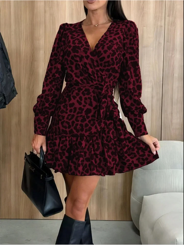 Women's Leopard Printed Dresses V-Neck Lace Up Bubble Long Sleeved Sexy Dress Elegant Dating Autumn Mini Dress