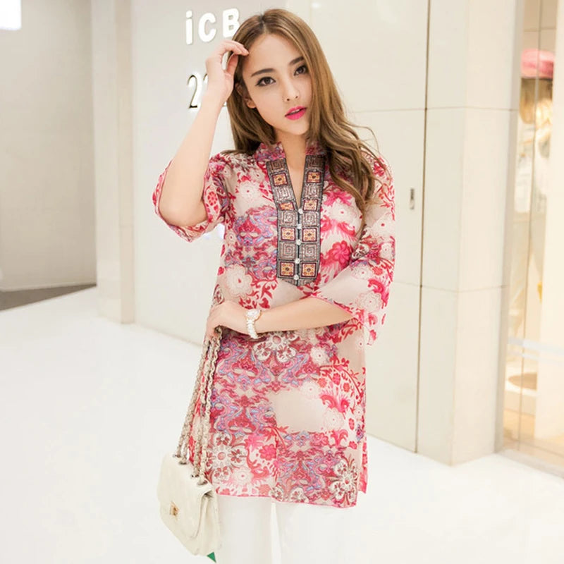 Long Chiffon Printing Flare Sleeve Floral Blouse