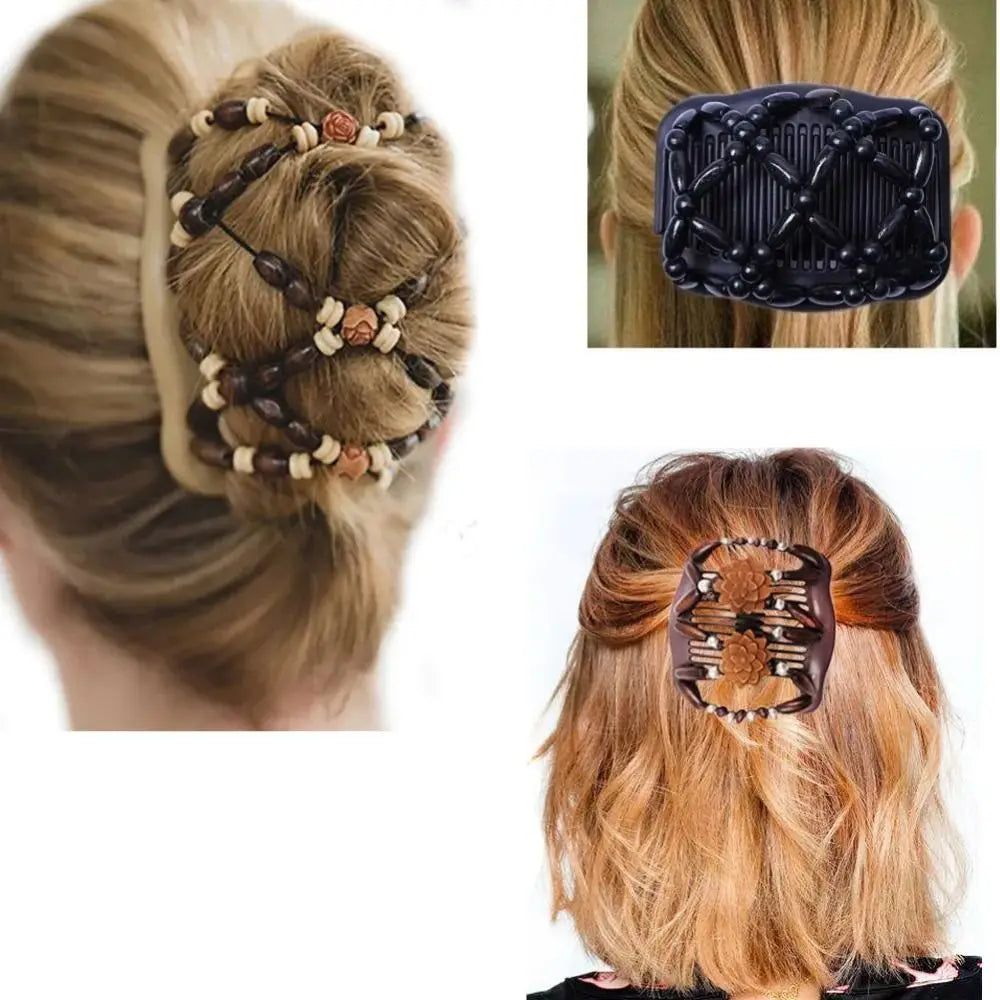 Shiny Rhinestone Beaded Hair Claws Magic Tuck Comb Updo Elastic Headwear Bun Ponytail Holder Beads Hair Combs Hair Styling Tools
