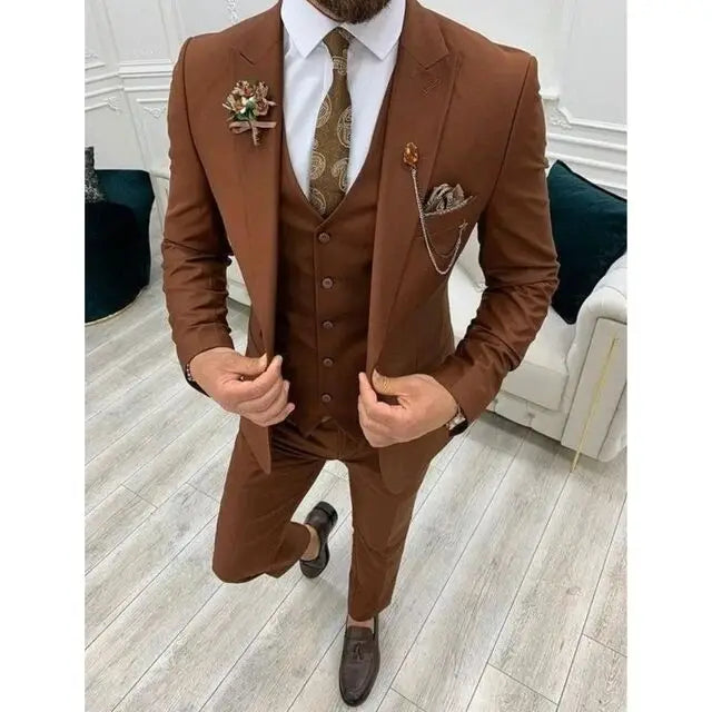 Solid Men Suits 3 Piece Formal Male Suits Fashion Clothing Set Jacket with Pants and Vest