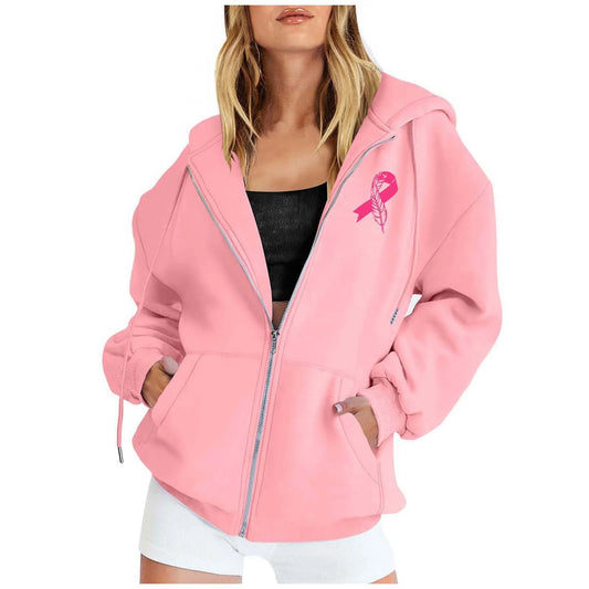 Women's Pink October Hoodies Breast Cancer Awareness Ribbon Feather Print Zipper Sweatshirts Long Sleeve Women Hoodies