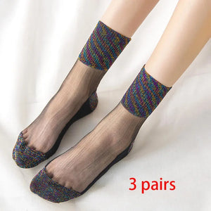 3 Pairs Spring Summer Women's Ultrathin Transparent Socks Glitter Crystal Glass Silk Socks Soft Lace Shiny Elastic Short Socks