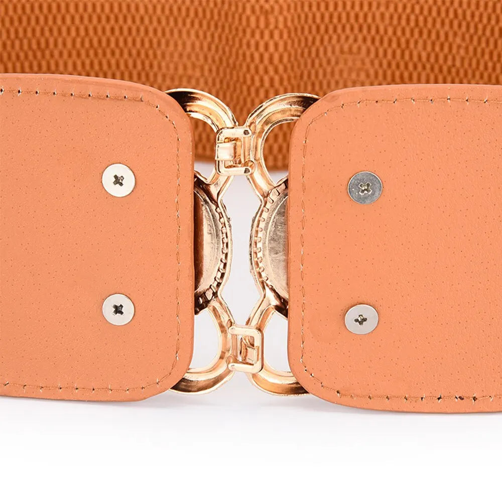 Women's Fashionable Golden Imitation Gemstone Shape Elastic Waist Closure With Double Hook Buckle Wide Belt