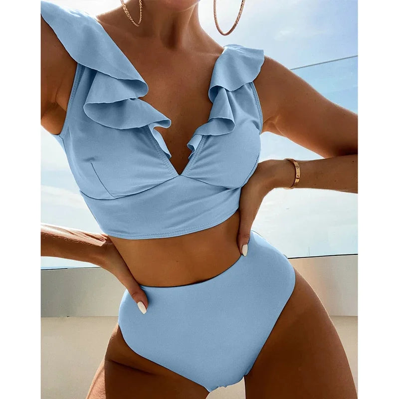 Solid Color  V-neck Ruffle Bikini  Women 2 Piece Swimwear Push Up Padded High Waist Swimsuit