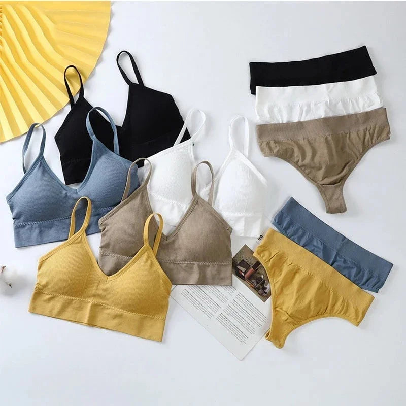 Bra and Panties Set Push Up Sports Bra Set Seamless Active Bra Thong Lingerie Set Fitness Crop Top