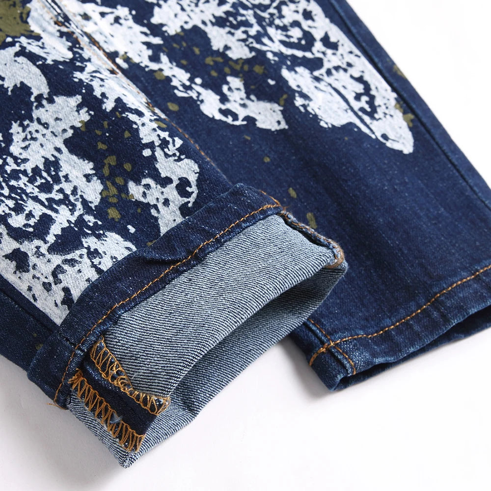 Painted Stretch Denim Jeans Streetwear Slim Tapered Pants Button Fly Blue Cotton Trousers