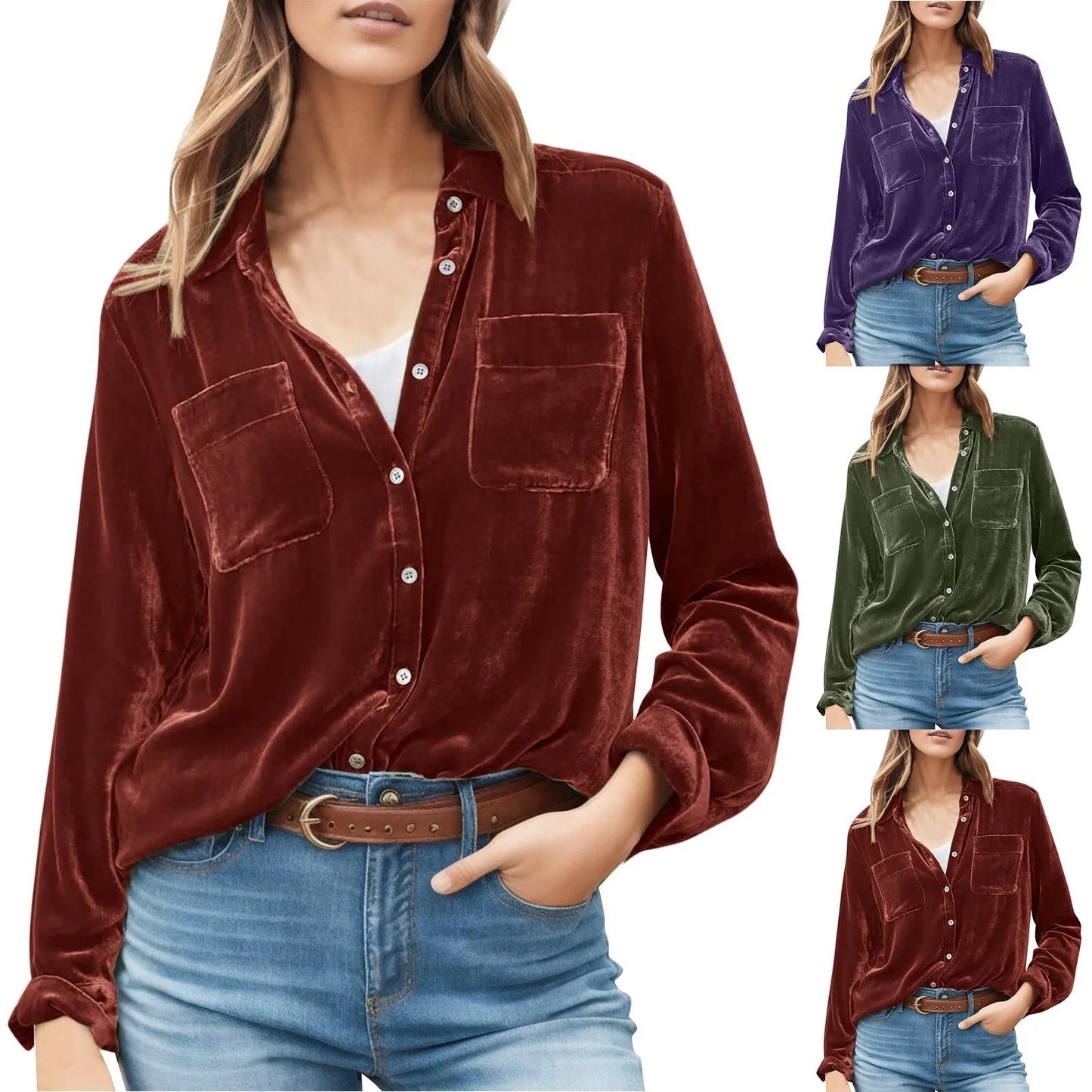 Elegant Velvet Shirt Women V Neck Long Sleeve Loose Fitting Temperament Blouse Tops Casual Versatile Shirts