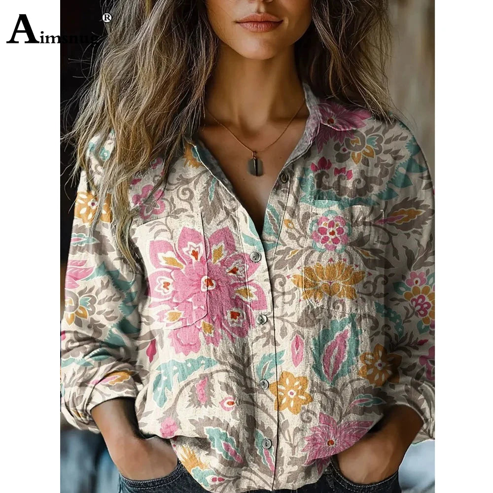 European Style  Women Long Sleeve Basic Shirts New Casual Beach Tops Blouse Ladies Bohemian Flower Print shirt