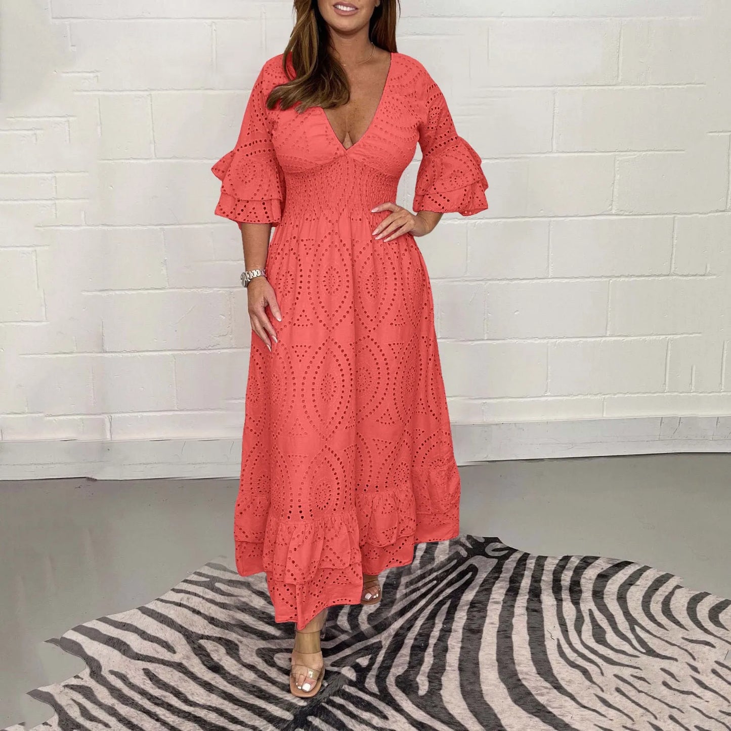 Women's Elegant V-neck  Hollow Out  Long Dress Summer  Casual Flare Sleeve  Dress