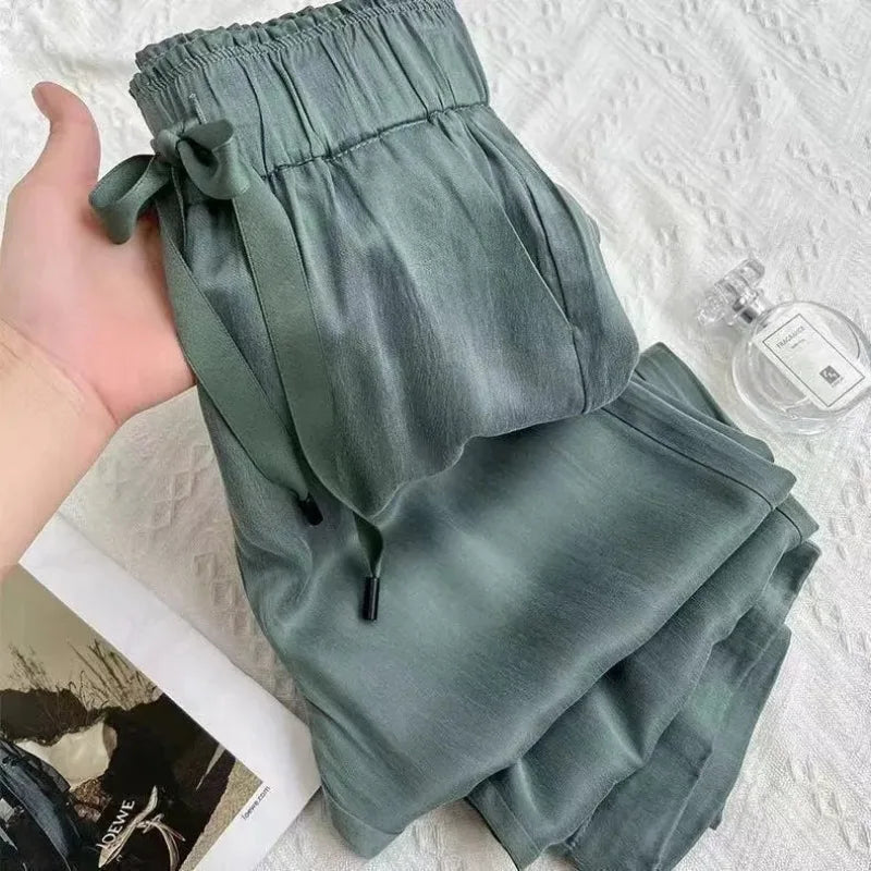 Ice Silk Wide Leg Pants  Summer Thin Satin Casual Pants Women's High Waisted Straight Leg Pants Long Trouser