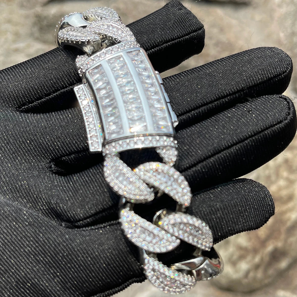 Bubble Letter Baguette Cuban Link Bracelet for Men Iced Out Prong Setting Necklace Choker