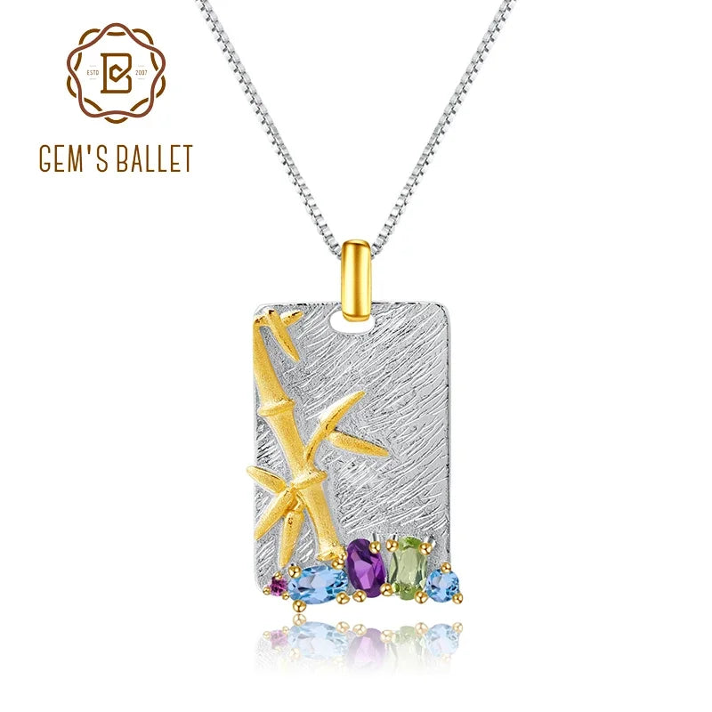 Natural Topaz Amethyst Peridot Fine Jewelry 925 Sterling Silver Handmade Bamboo Pendant Necklace