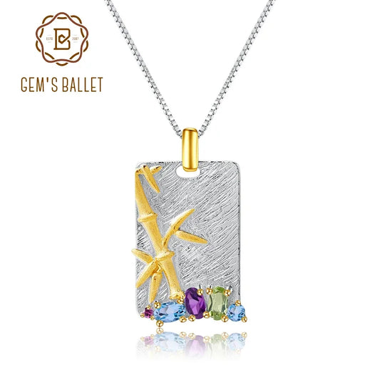 Natural Topaz Amethyst Peridot Fine Jewelry 925 Sterling Silver Handmade Bamboo Pendant Necklace