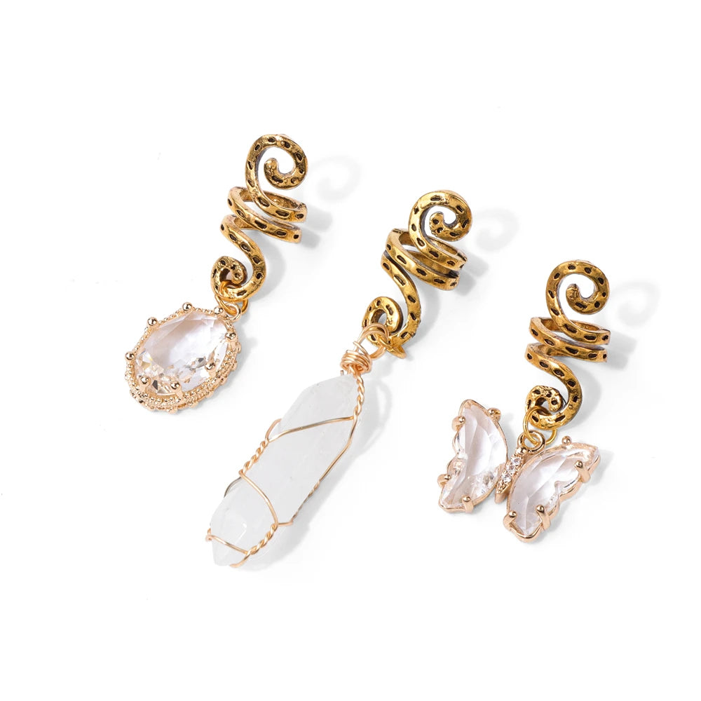 3pcs/set Crystal Hair Jewelry For Women Hexagonal Column Butterfly Charm Dreadlock Headwear Dangle Dreadlock Hair Accessories