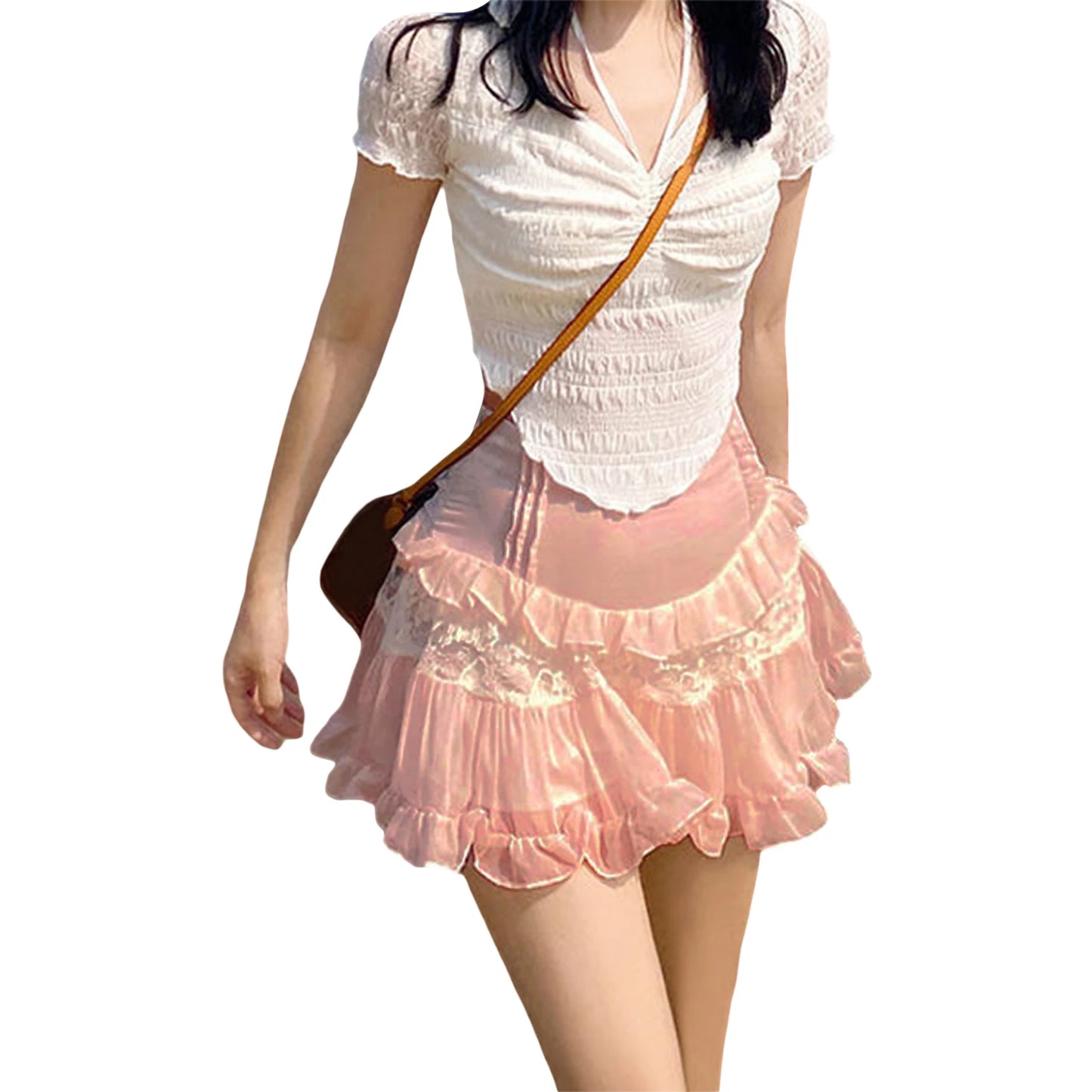 Summer Mini Skirt Cute High Waist Lace Patchwork Ruffle Hem A-Line Skirts