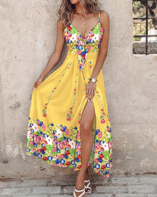 Women's Ombre Leaf Eyelet Strap Maxi Dress Elegant Hawaiian  Sleeveless Summer