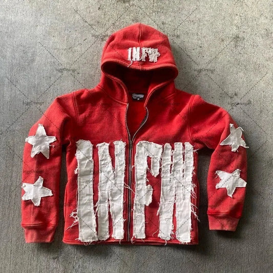Star Letter Embroidered Zipper Sweatshirt Women  Loose Oversized Hoodie Versatile Casual Retro Jacket