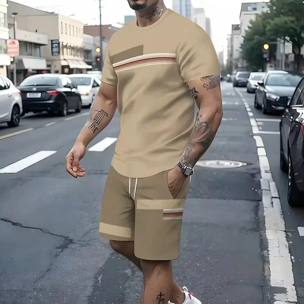 Two Piece Suit Men's Casual Pattern Printed Short Sleeve T-shirt and Sports Shorts Set Sports Set Fitness