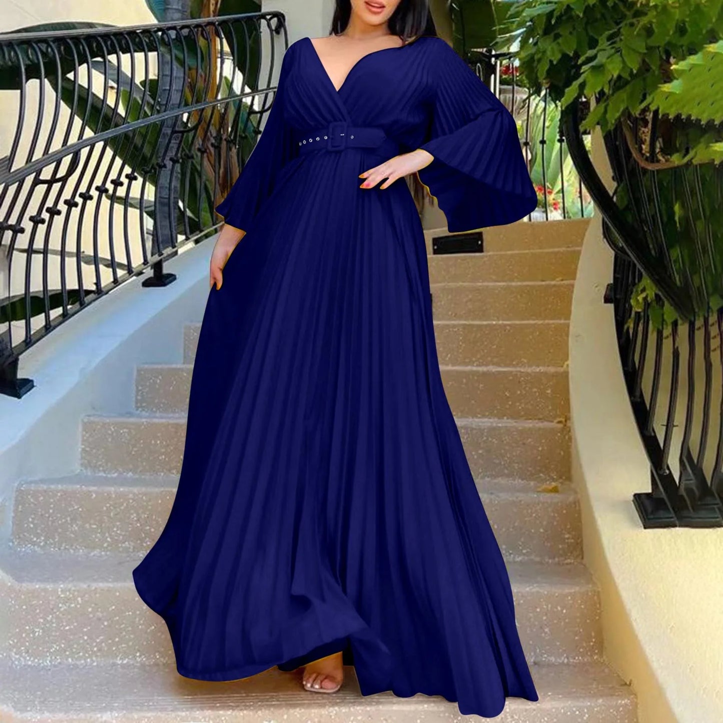 Women's Elegant Evening Dress Deep V Neck Flare Sleeve Pleated Prom Dress With Belt Formal Dresses For Women