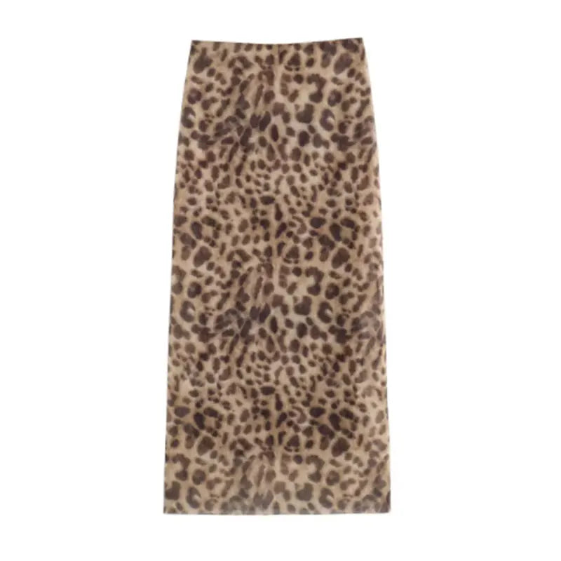 Women Leopard Tulle Midi Skirt Fashion High Waist Elasticated Waistband Long Skirts Streetwear