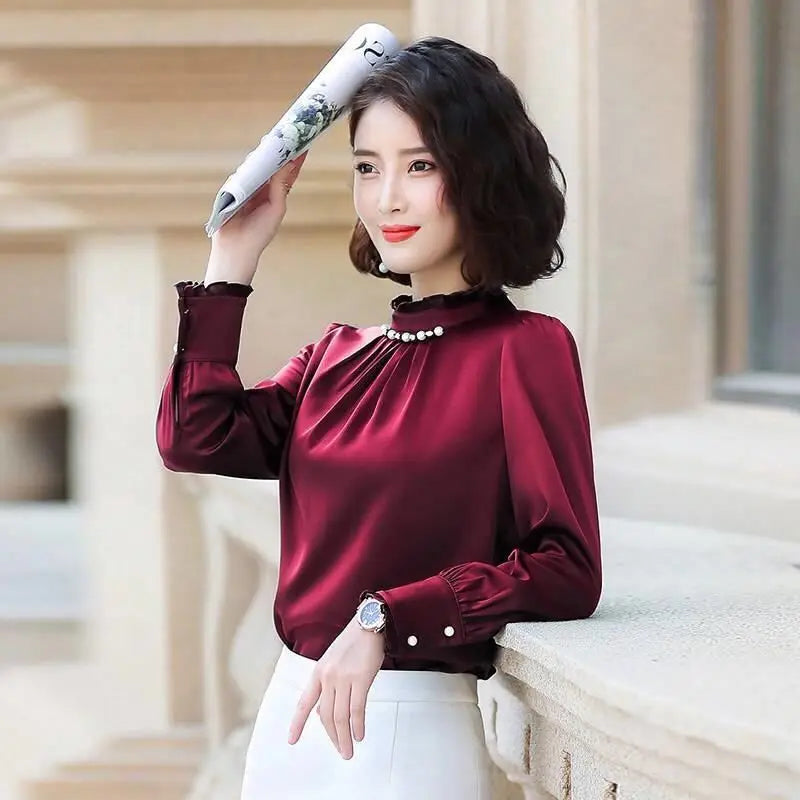 Chiffon Loose Long Sleeve Solid Color  Pleated Blouse