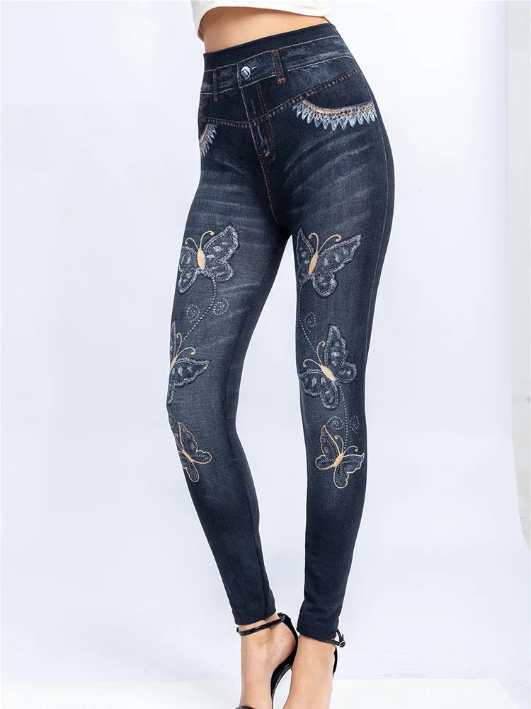 Leggings High Waist Elastic Butterfly Printed Pencil Pants Faux Denim Leggings